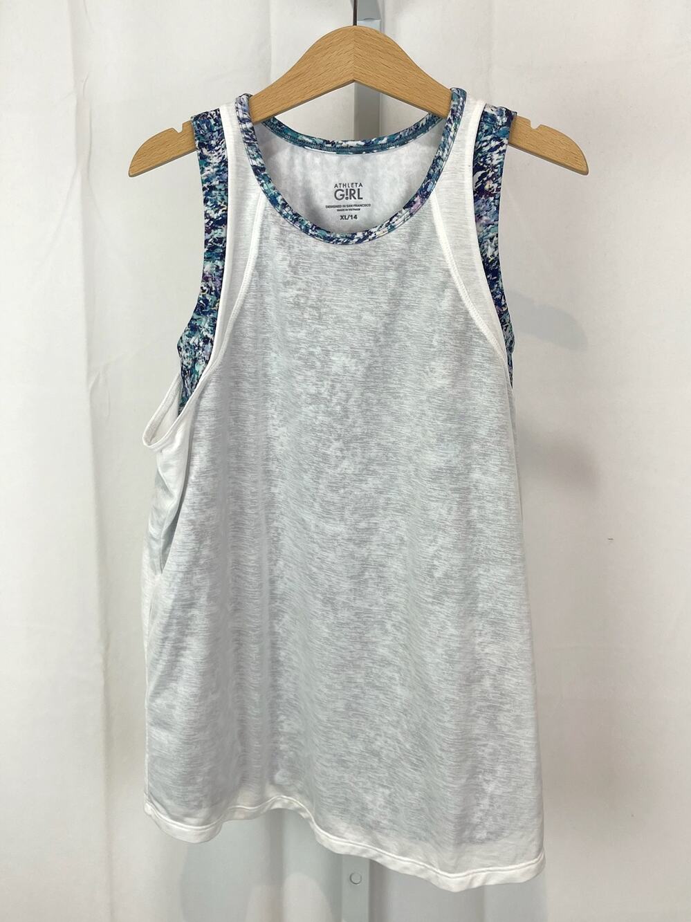 ATHLETA Team Up Tank Top Girls Size XL 14 Layered Mixed Print White Blue